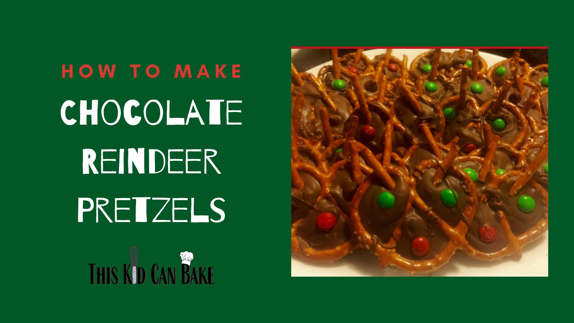 A picture of chocolate reindeer pretzels on a green background.