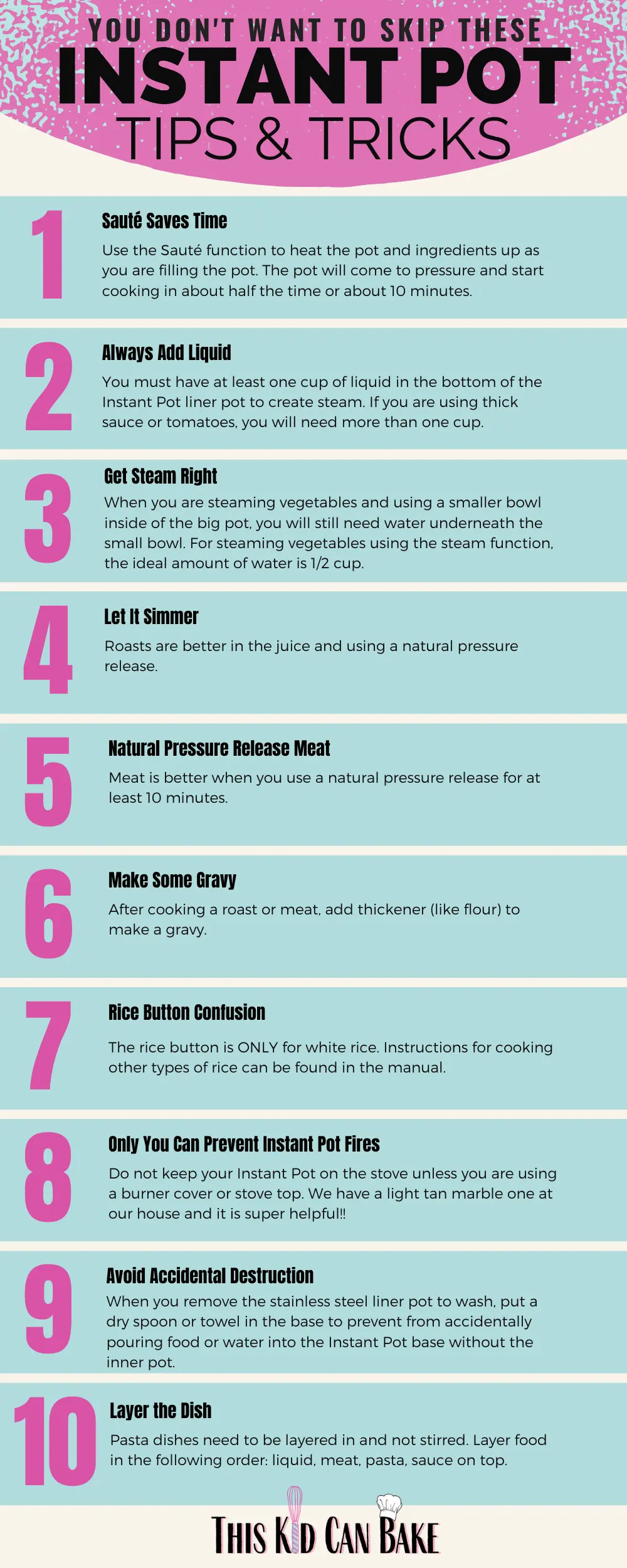 An infographic that lists 10 tips for using an Instant Pot.