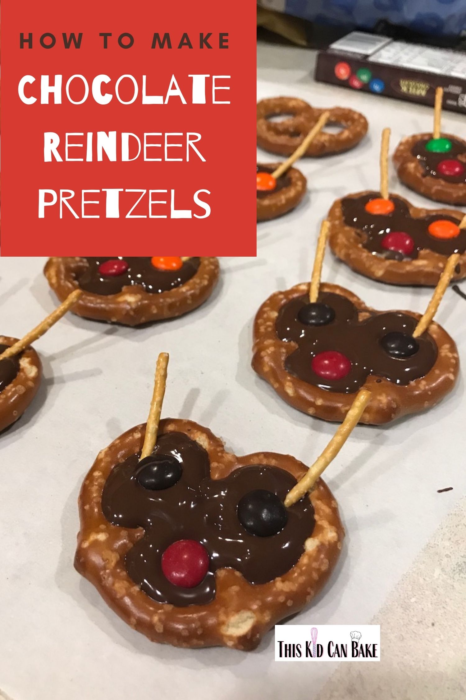 A picture of chocolate reindeer pretzels with a red element that has text that says "How to Make Chocolate Reindeer Pretzels".